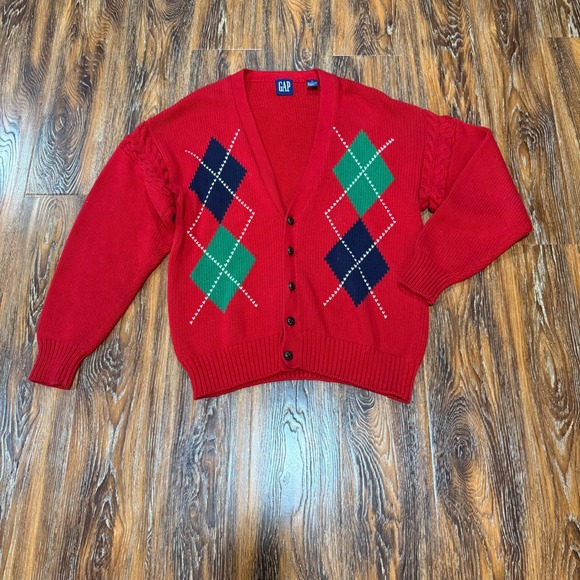 GAP Other - Vintage GAP Men Red Argyle Cotton Cardigan Sweater Medium V-Neck 90s Preppy FLAW
